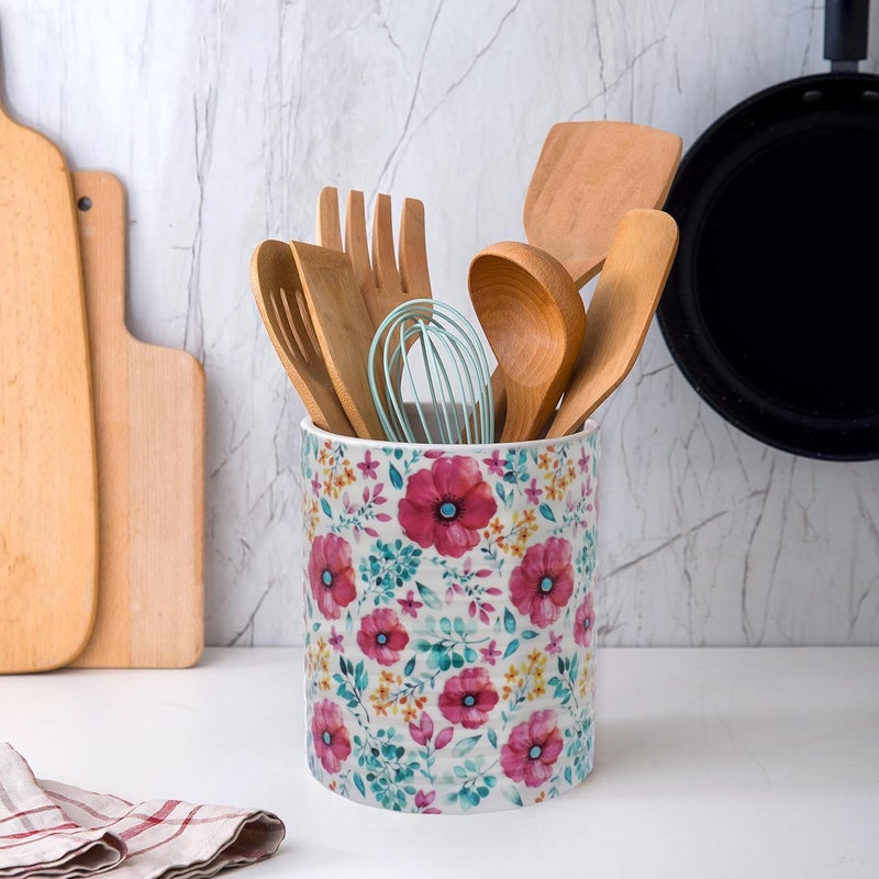 LEAZUL Kitchen Utensil Holder,7.2″Extra Large Stable Pattern Ceramic Utensil Crock,Utensil Organizer for Countertop,Kitchen Decor,Utensil Holder for Housewarming,Wedding Gift (Purple Red) - Image 4